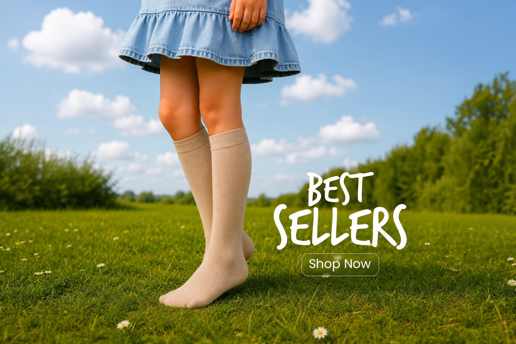 Person wearing beige knee-high socks with a blue skirt on a grassy field, promoting 'Best Sellers'.