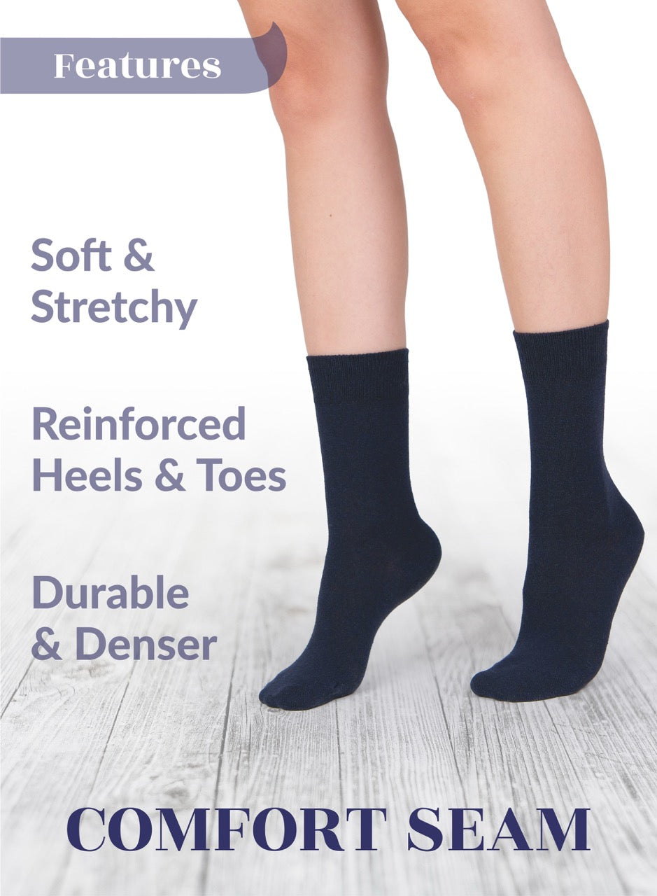 Navy socks with text highlighting features on a light background