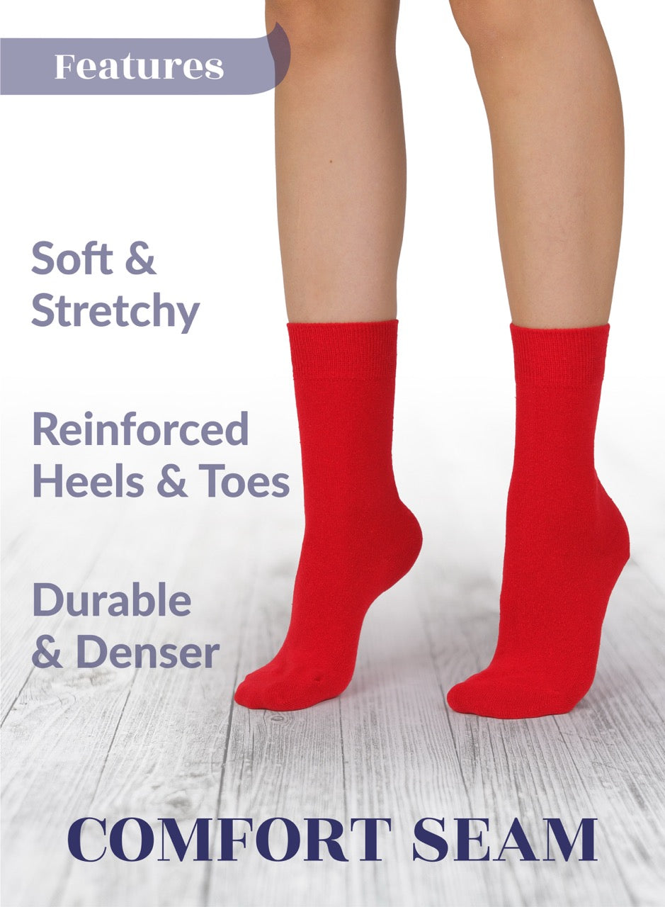 Red socks with text highlighting features on a white background
