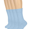 Two light blue socks on a mannequin foot against a white background