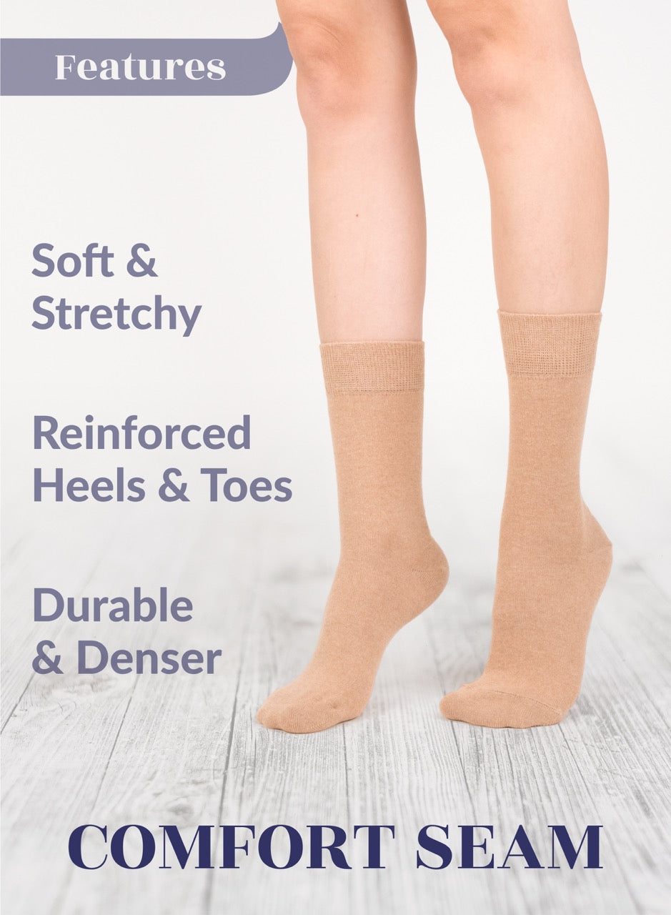 Beige socks with text highlighting features on a light gray background