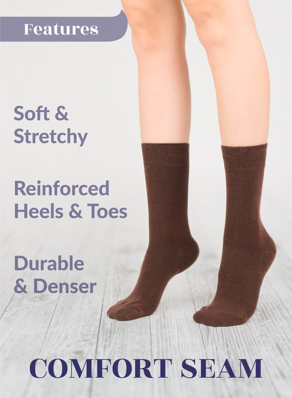 Brown socks with text highlighting features on a light background