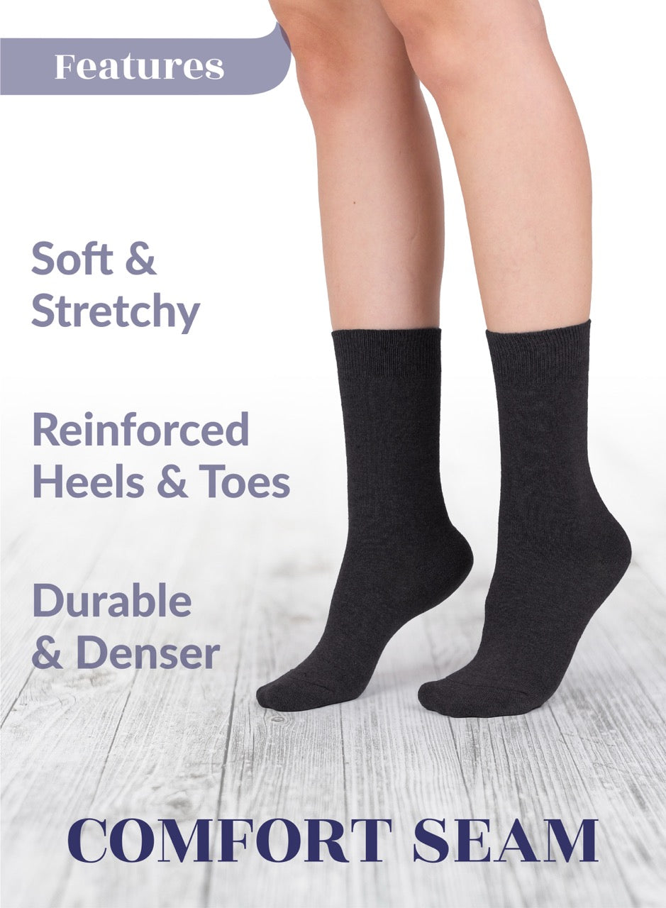 Dark Brown socks with text highlighting features on a light wooden floor background