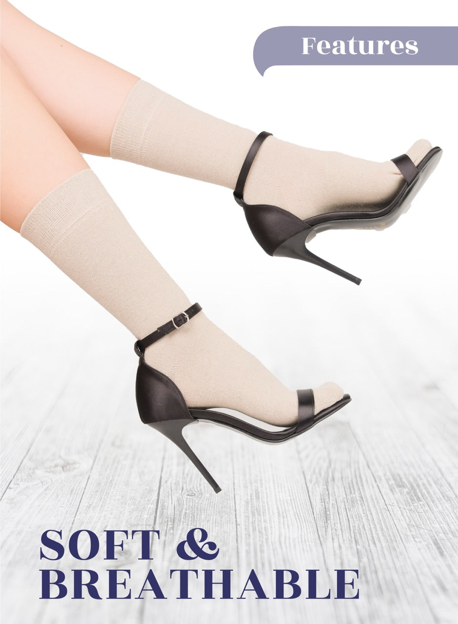 High-heeled shoes with soft and breathable light beige socks text on a light background