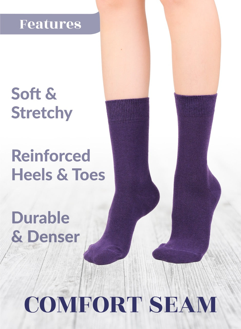 Purple socks with text highlighting features on a light background