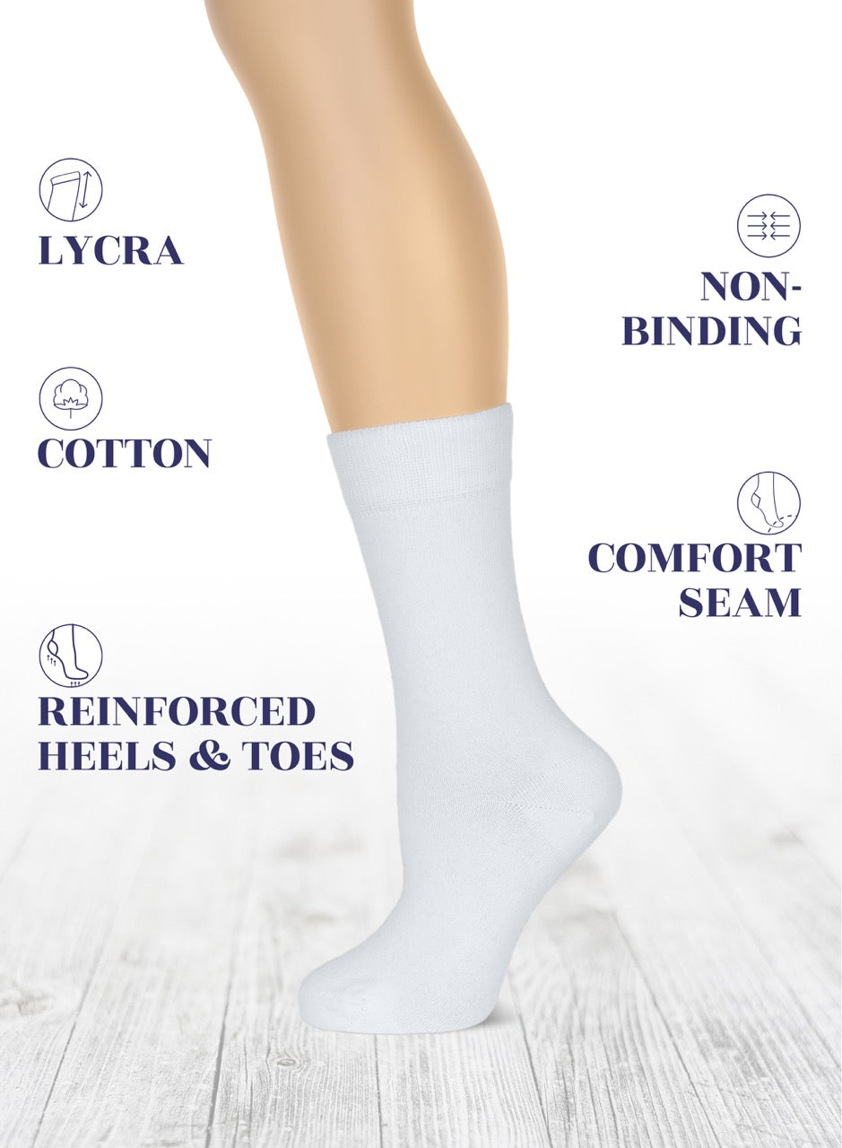 White sock on a white background with text highlighting features like Lycra, cotton, non-binding, comfort seam, reinforced heels, and toes.