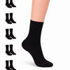 Black socks displayed with a foot wearing one sock on a white background