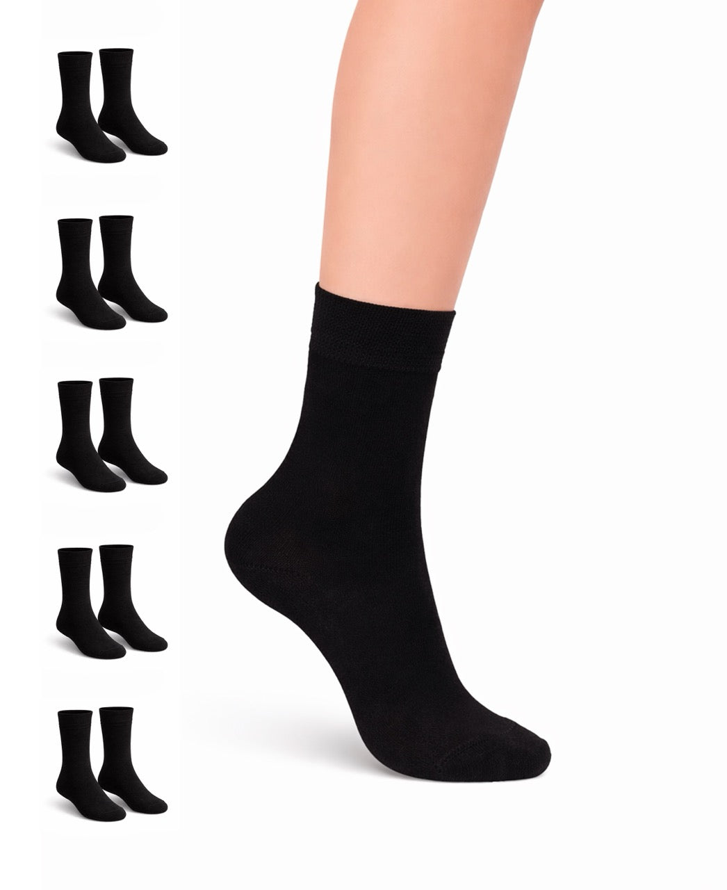 Black socks displayed with a foot wearing one sock on a white background