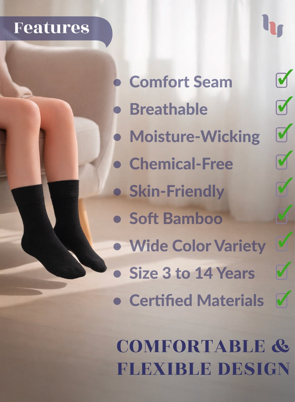 Person wearing black socks with product features listed on a light background