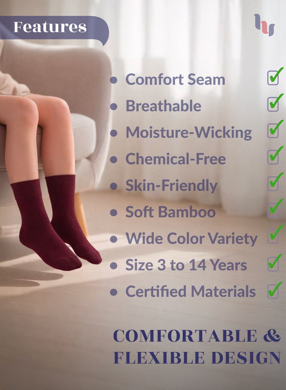 Person wearing Burgundy socks with product features listed on a light background