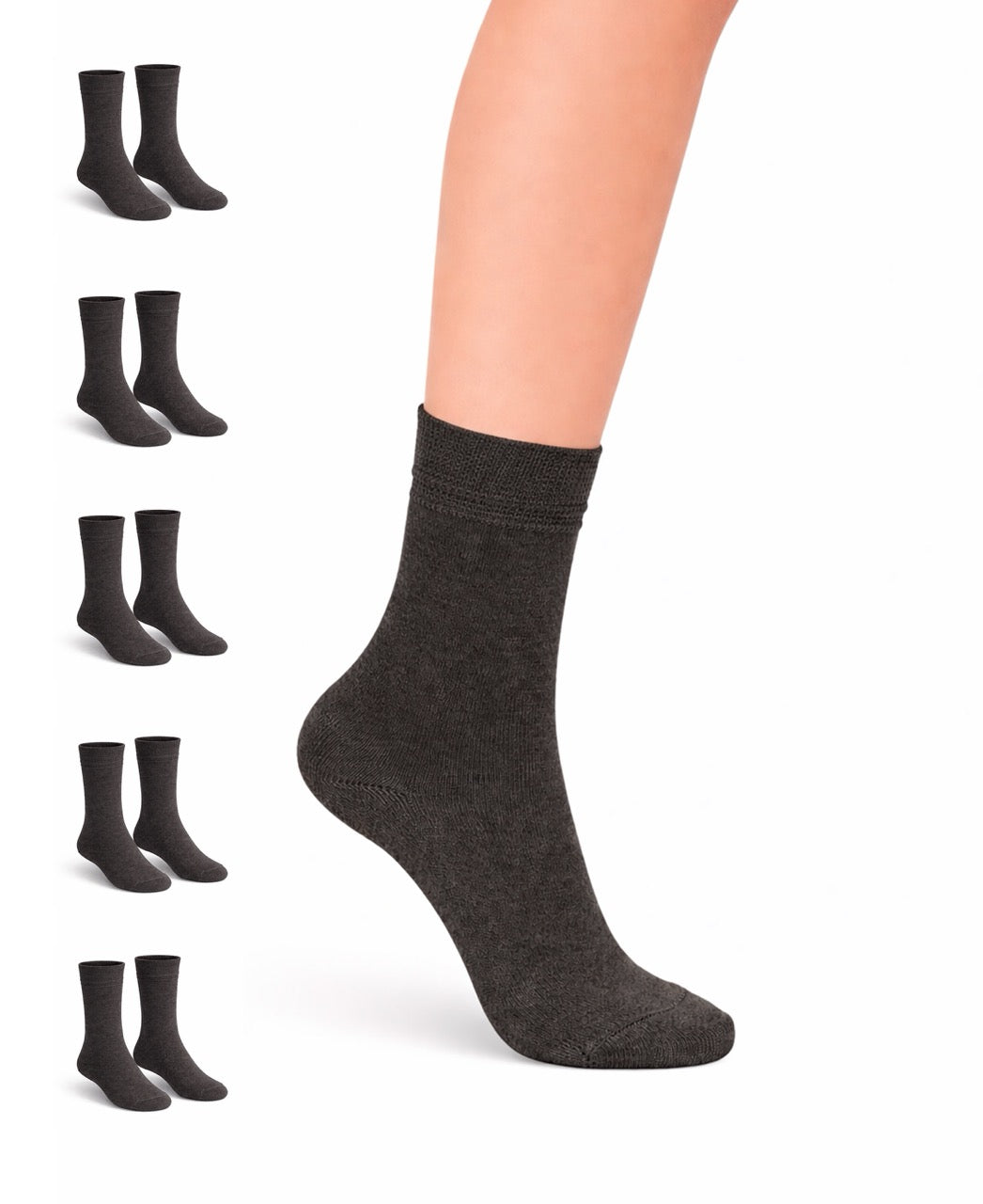 Dark gray sock on a person's foot with multiple pairs displayed below on a white background