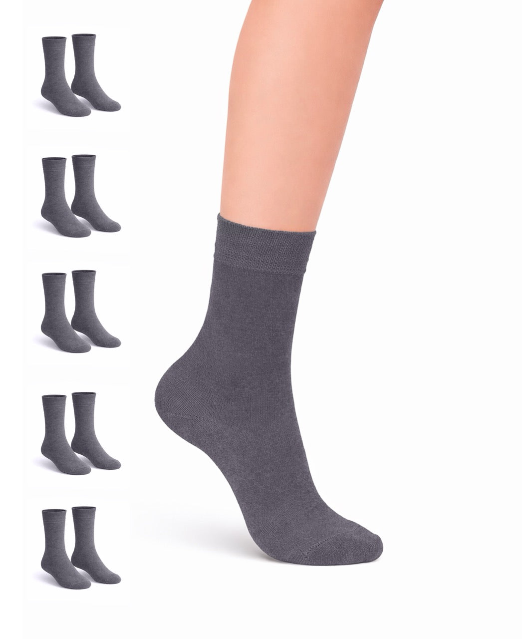 Gray ankle sock worn by a person with additional pairs displayed on a white background