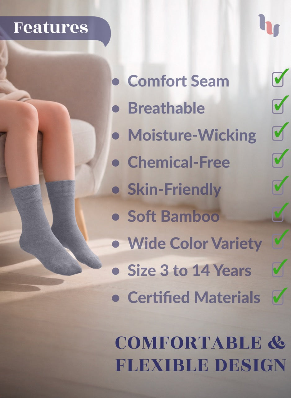 Person wearing gray socks with a list of product features on a blurred background
