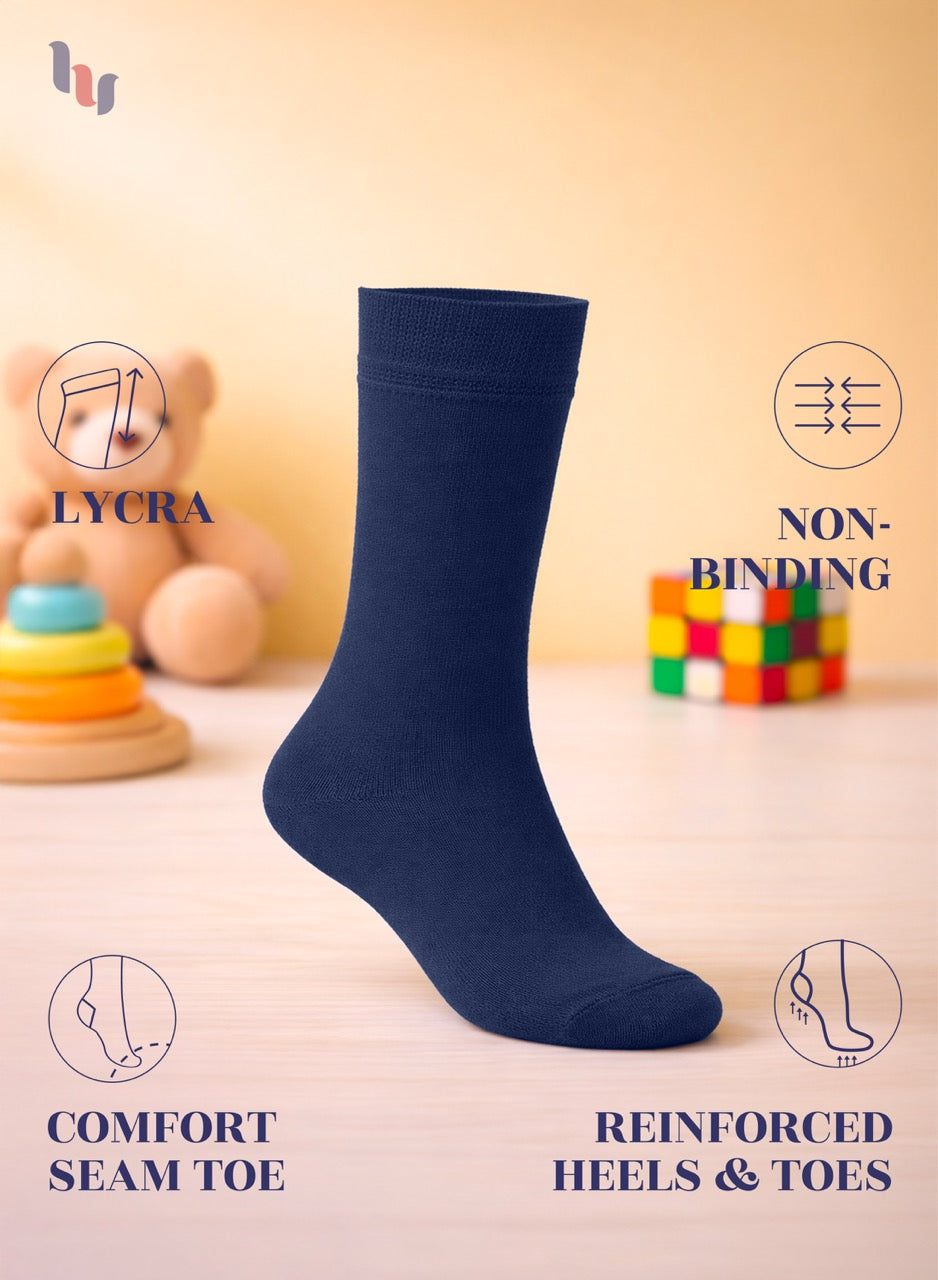 Navy blue sock with features highlighted on a light background