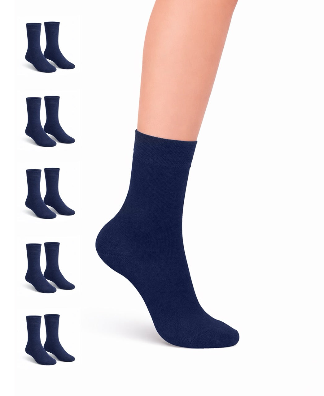 Navy blue socks displayed on a white background with additional pairs shown below.