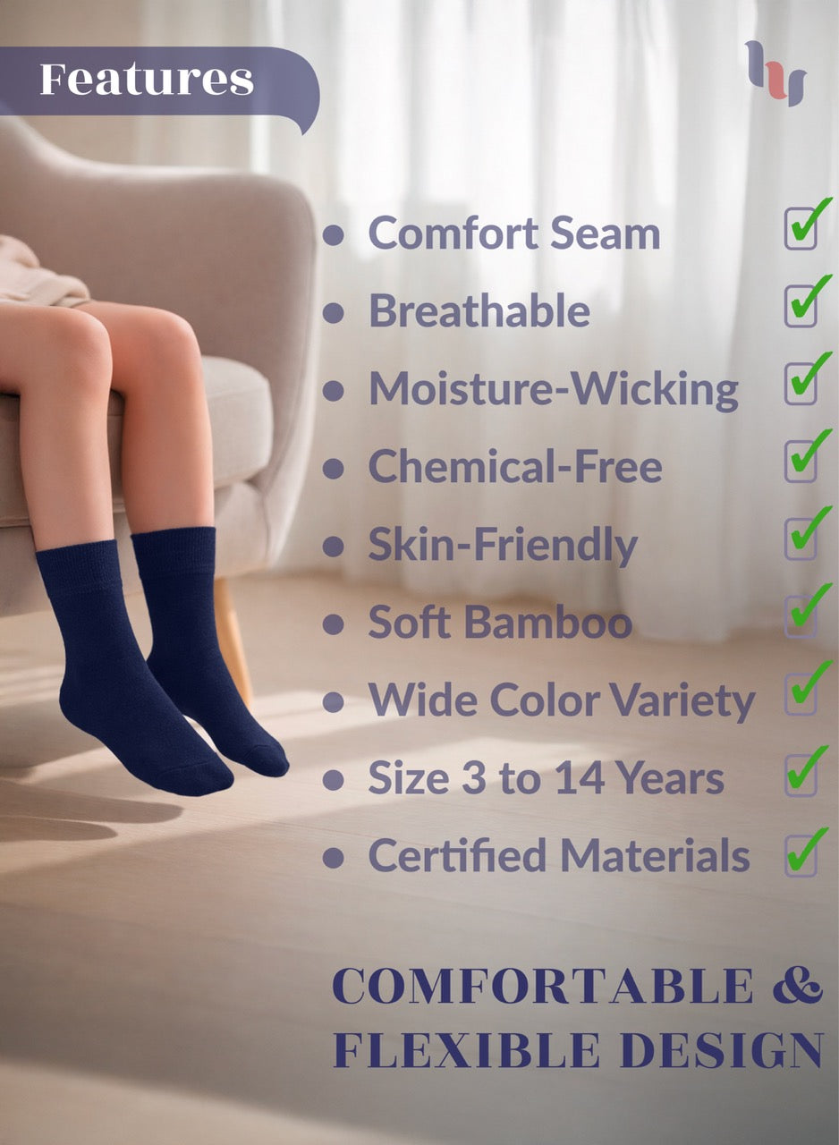 Person wearing navy socks with a list of product features on a blurred background