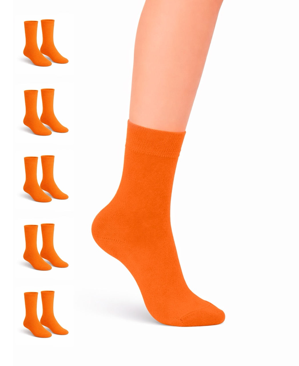 Pumpkin Orange socks displayed on a white background with a foot wearing one sock.