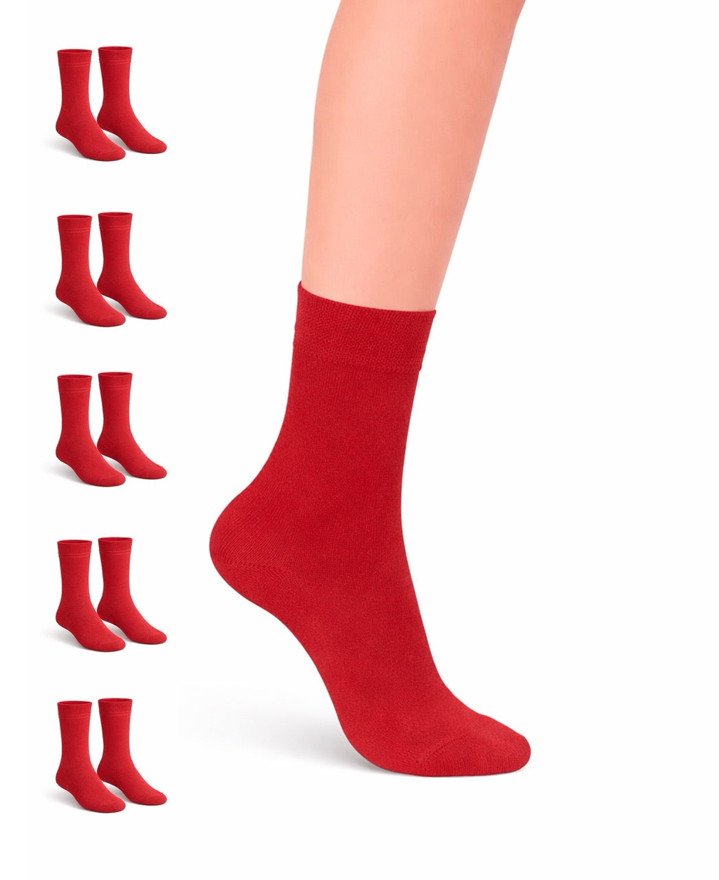 Red socks displayed on a white background with a close-up of a sock.