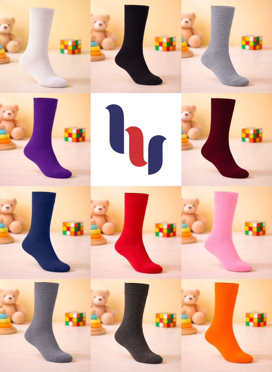 Collage of colorful socks with a logo in the center on a light background.
