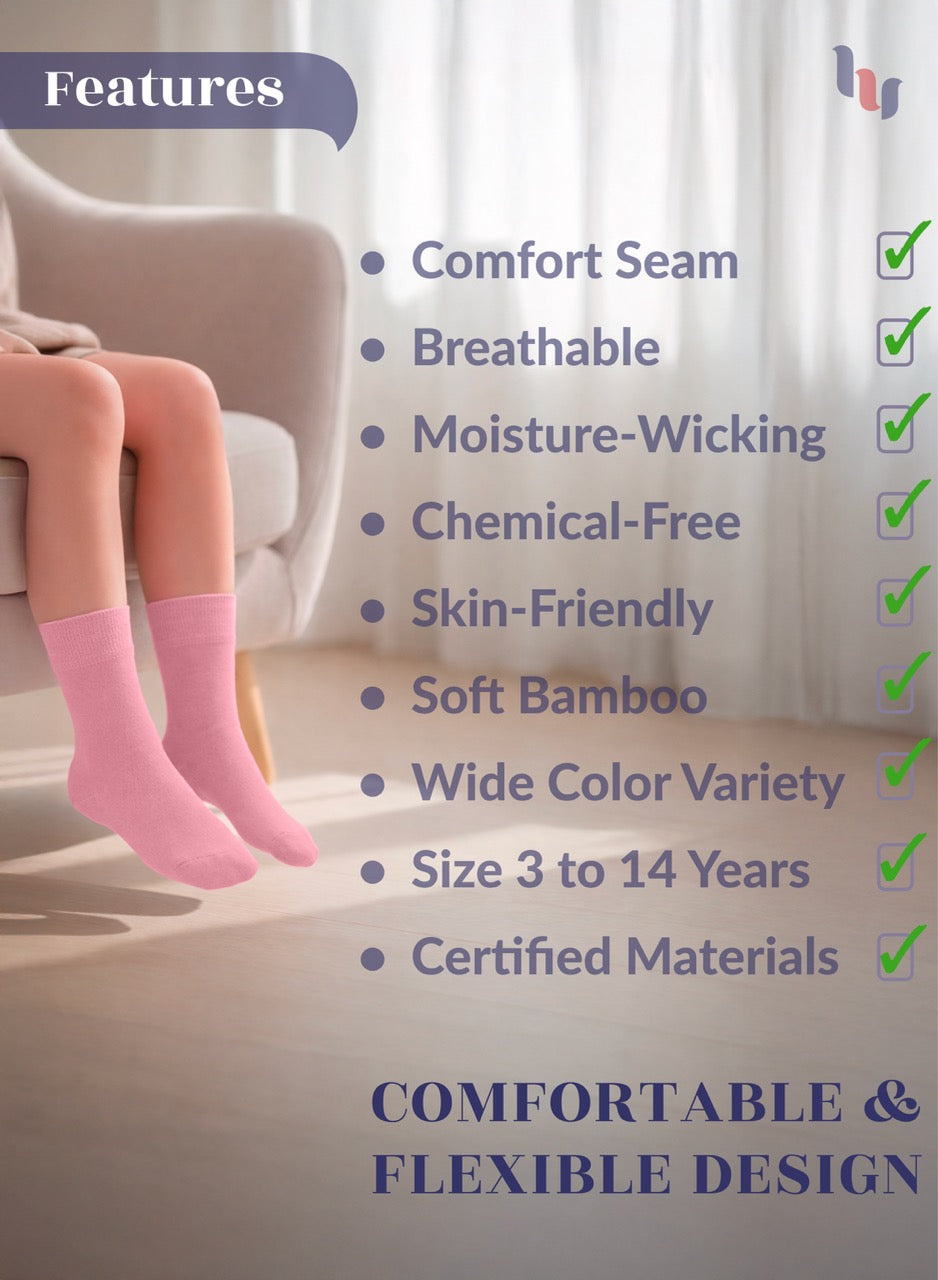 Person wearing pink socks with a list of product features on a blurred background