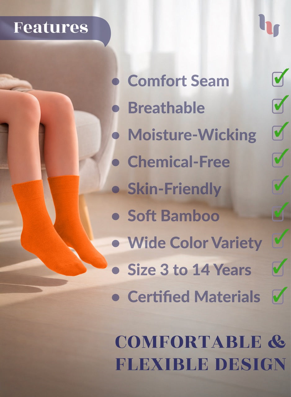 Pumpkin orange socks being worn with a list of product features on a blurred background