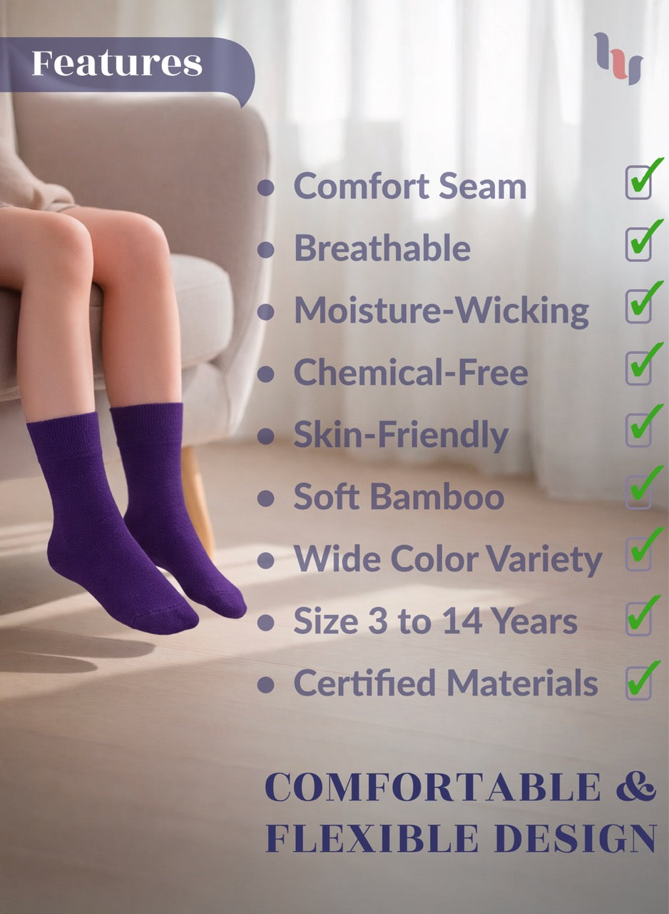 Person wearing purple socks with a list of product features on a blurred background