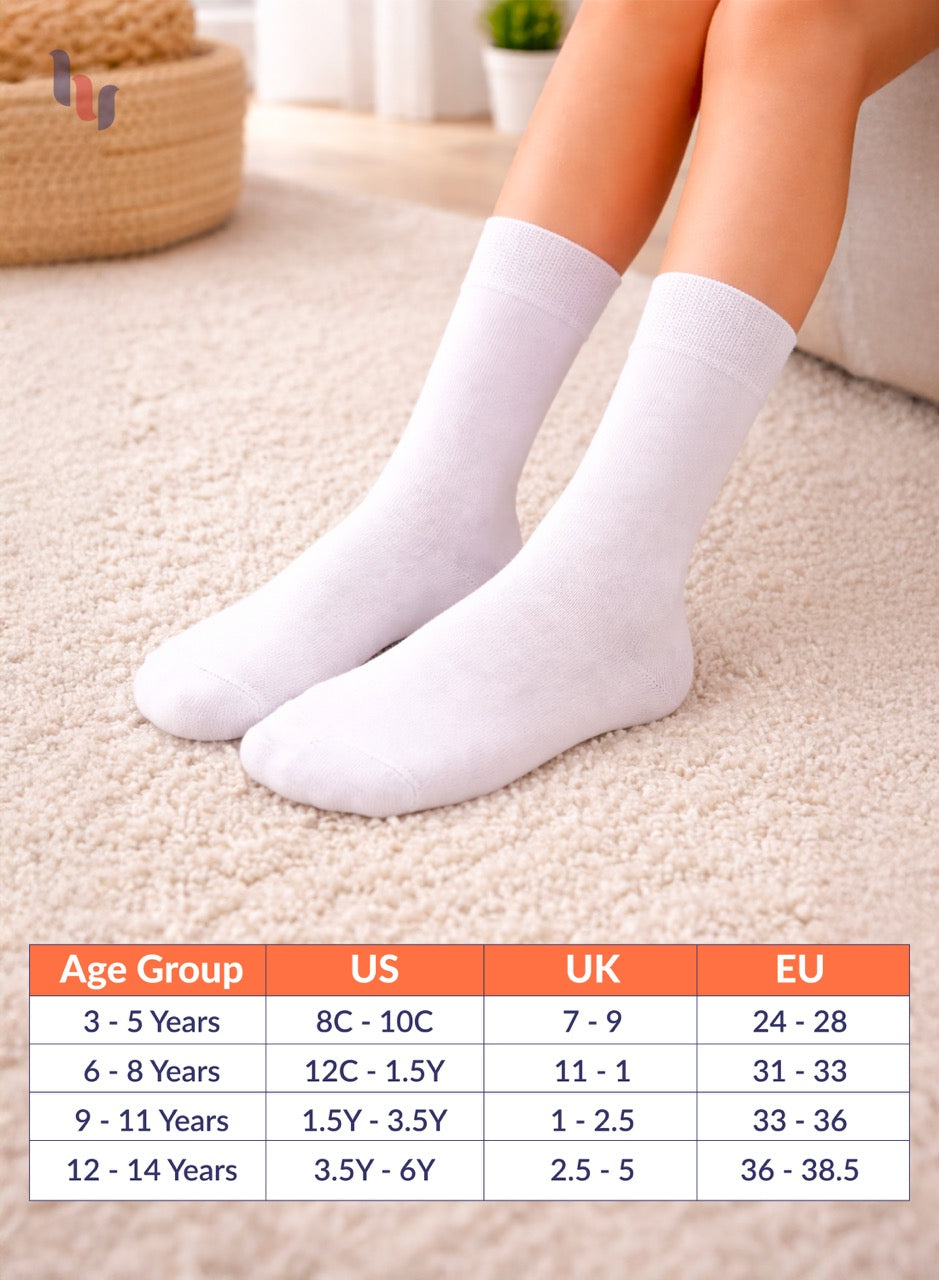 White socks worn by a person on a carpeted floor with a size chart below.