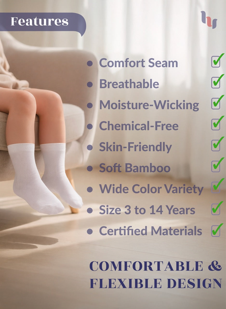 Person wearing white socks with product features listed on a light background