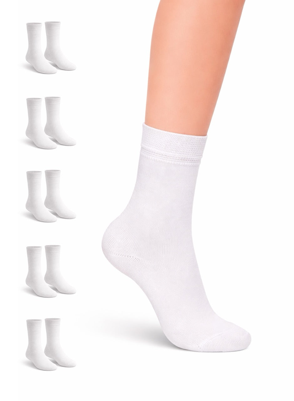 White socks displayed on a white background with additional pairs stacked.