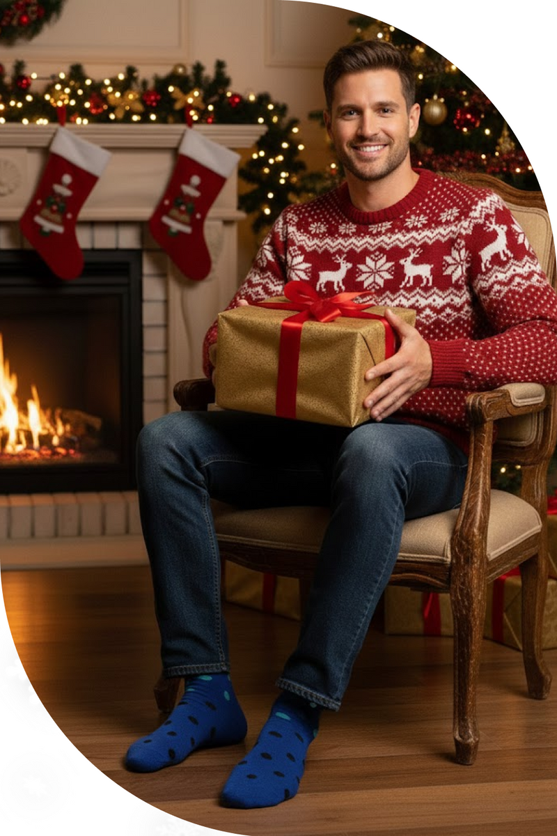 A man wearing blue patterned Hugh Ugoli socks, holding a Christmas gift in front of a decorated fireplace.