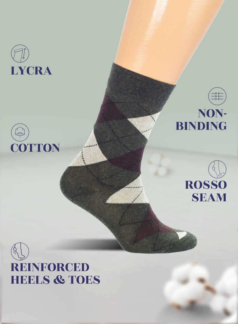 dark army green argyle socks with text highlighting features on a light gray background