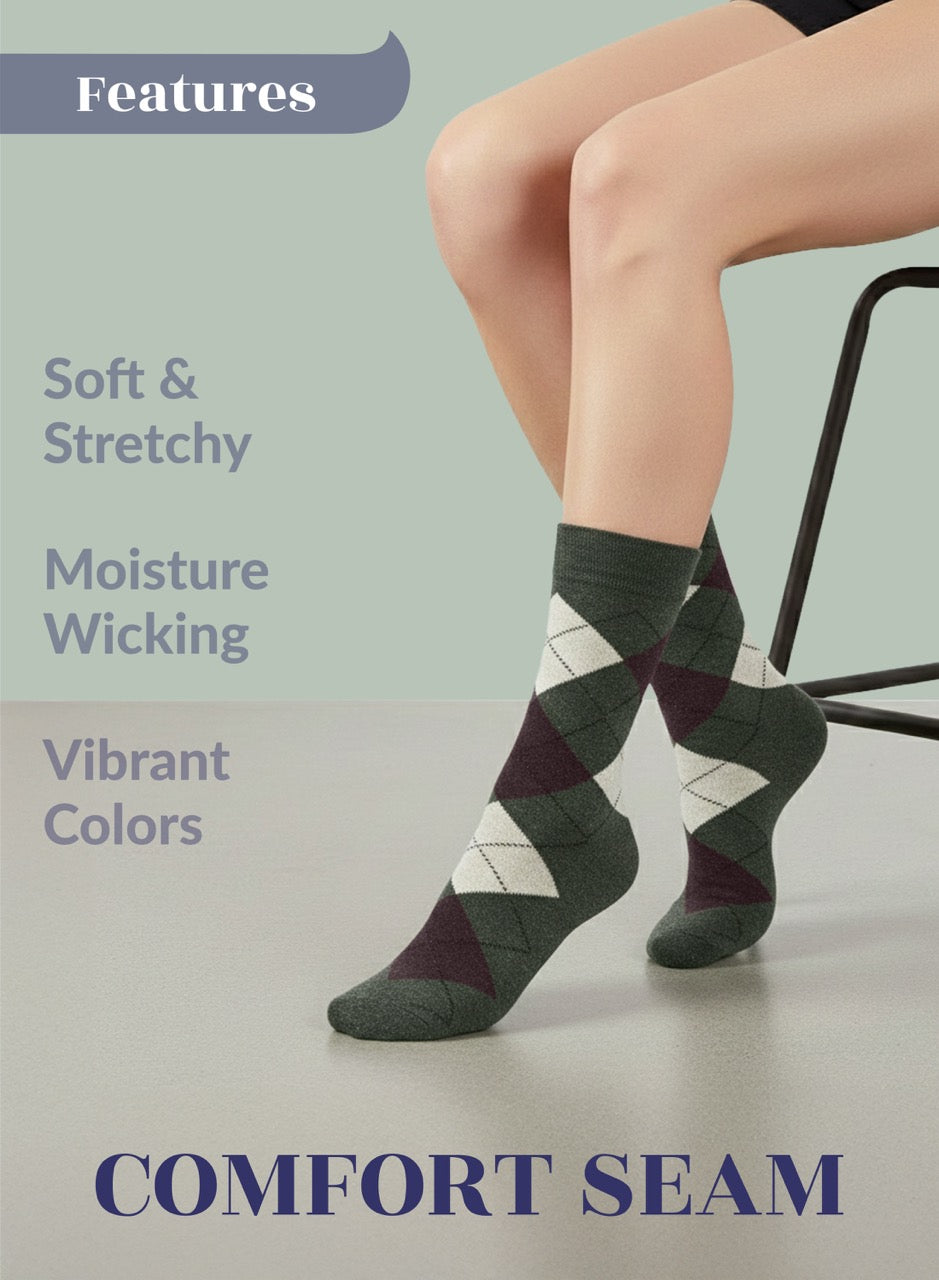 Person wearing dark army green argyle socks with text highlighting features on a light gray background