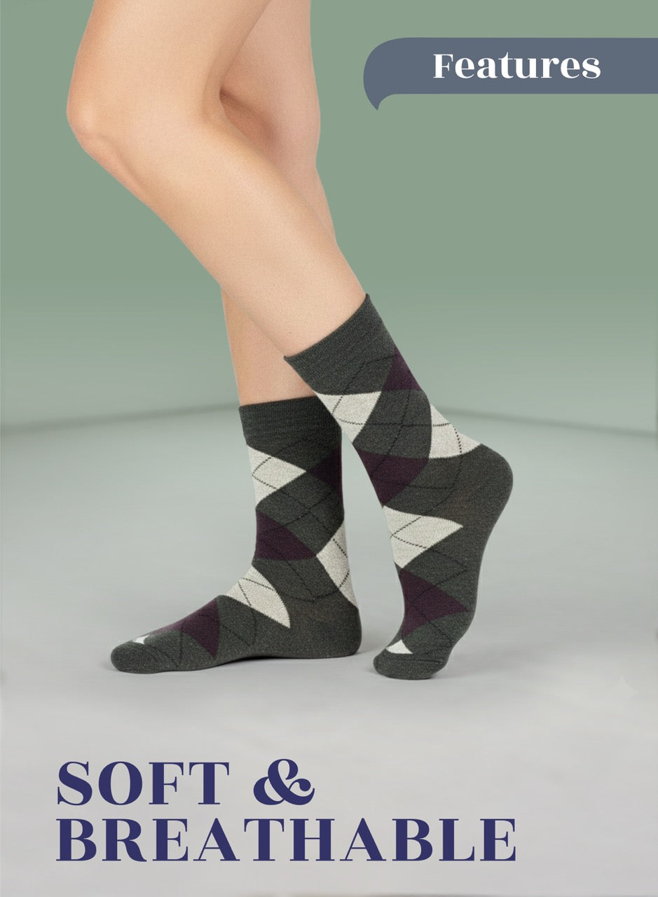 Person wearing argyle dark army green patterned socks with text 'Features' and 'Soft & Breathable' on a light gray background.