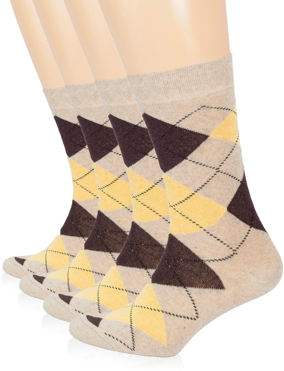 Set of three pairs of Beige socks with geometric pattern on a white background