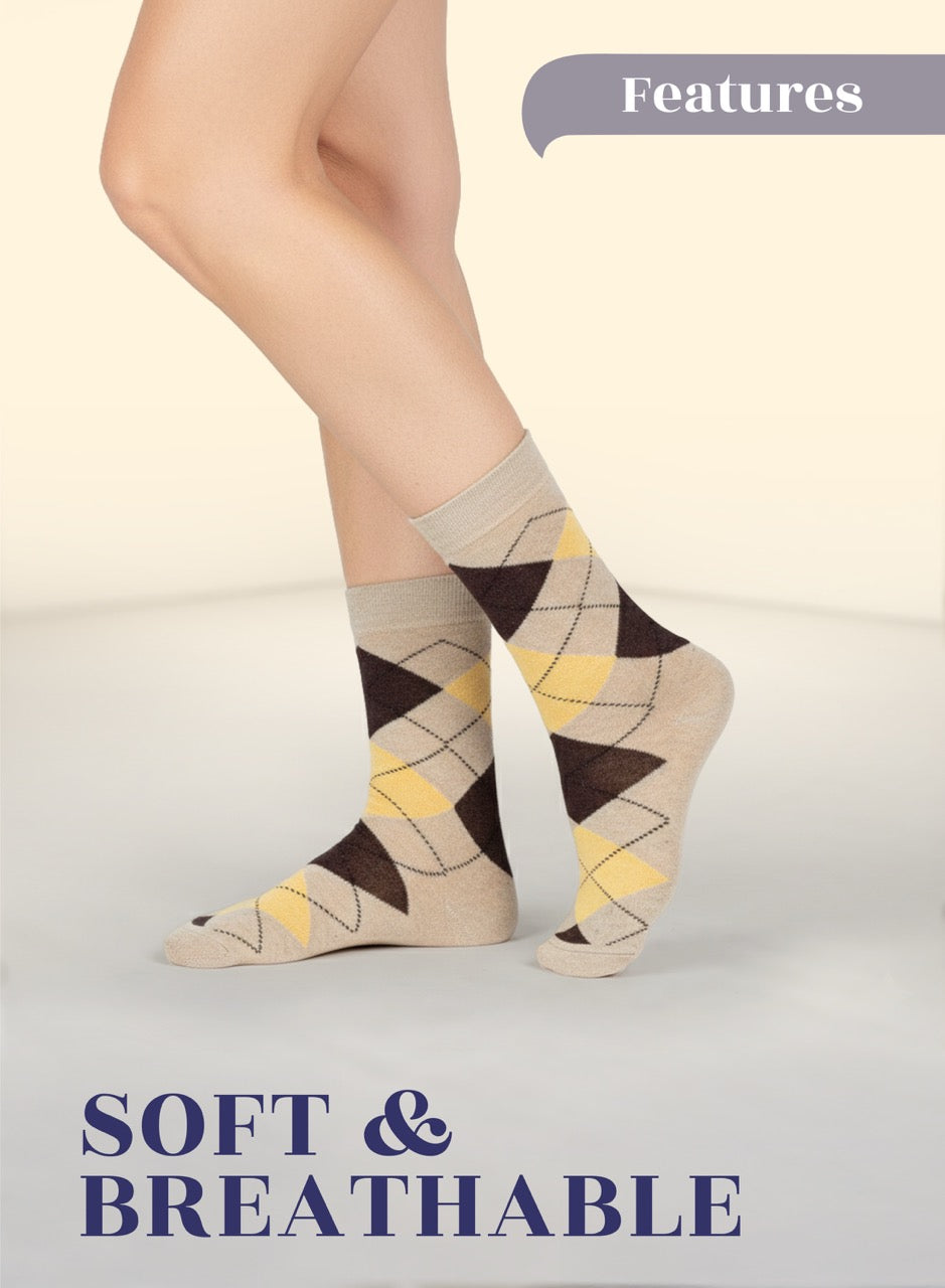 Beige patterned socks worn by a person on a plain background with 'Soft & Breathable' text.