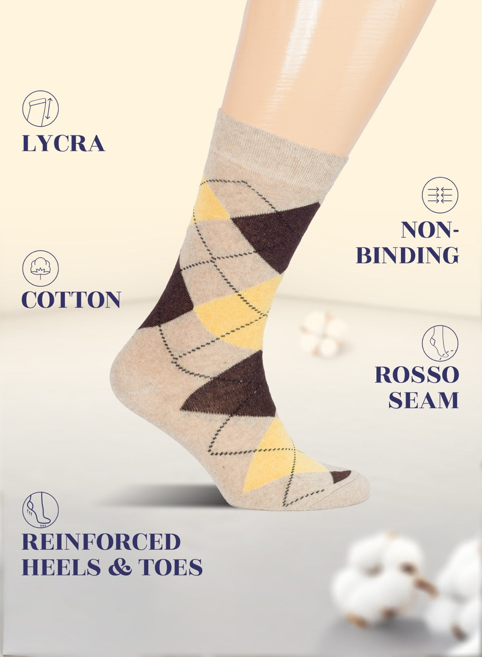 Beige Patterned sock with text highlighting features on a light background