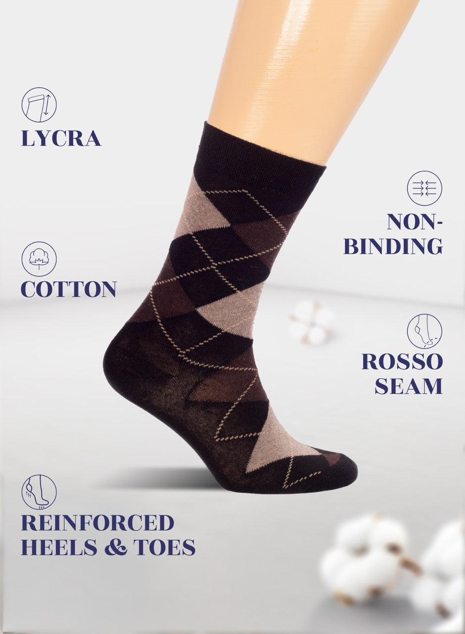 Black argyle patterned socks on a mannequin leg with product features listed.