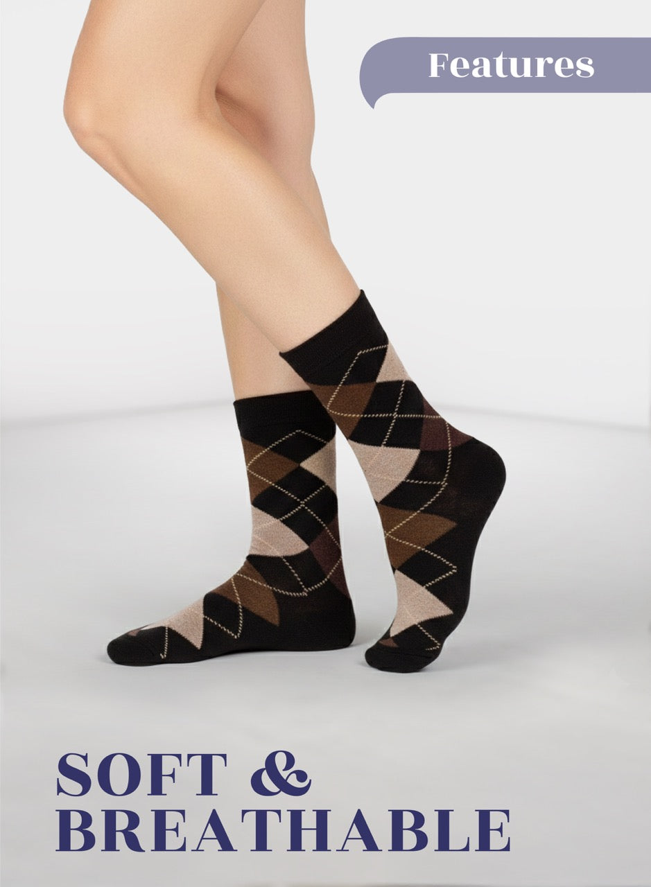 Person wearing black argyle socks on a white background with 'Soft & Breathable' text.