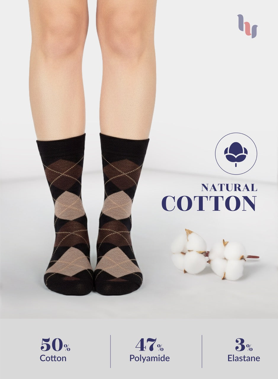 Black and brown argyle patterned socks on a white background with natural cotton label and ingredients information.