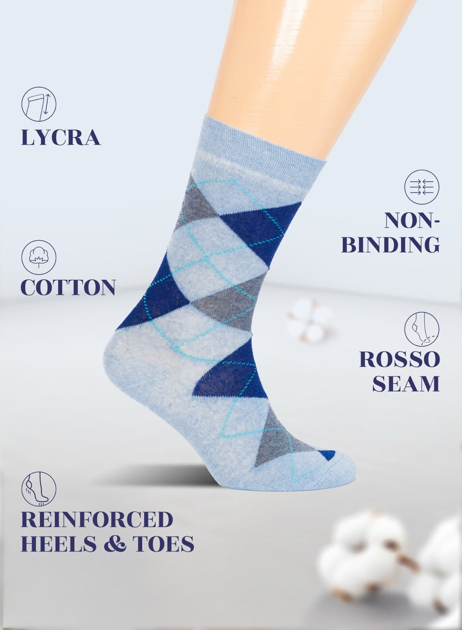 Pair of blue patterned socks with text highlighting features on a light gray background