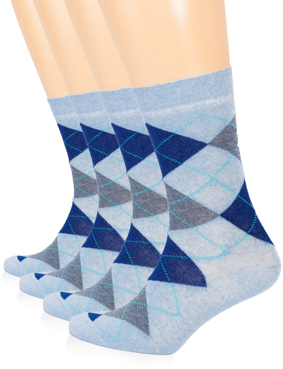 Pair of blue and gray patterned socks on a mannequin foot with a white background