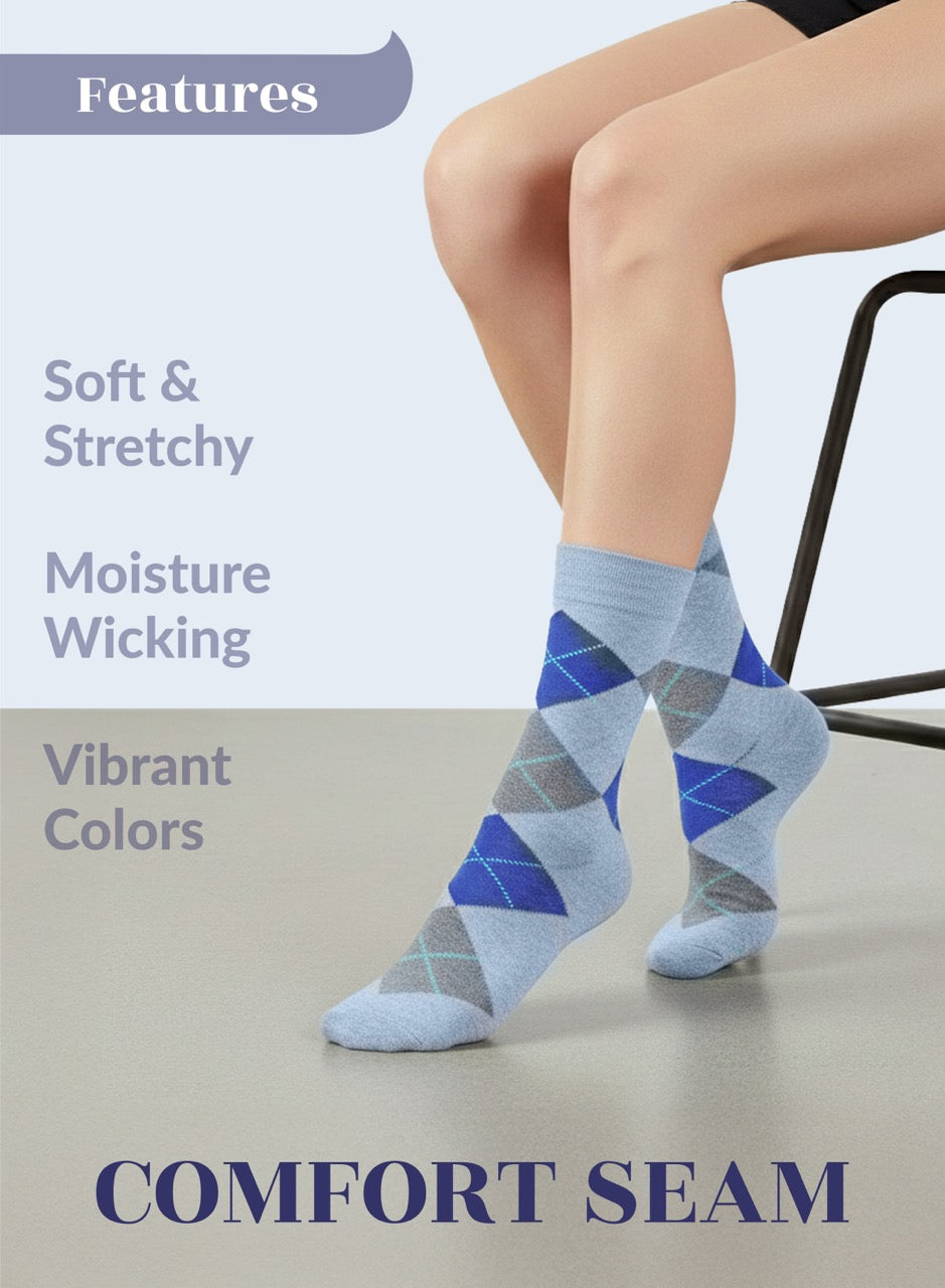 Person wearing blue argyle socks with text highlighting features on a light background