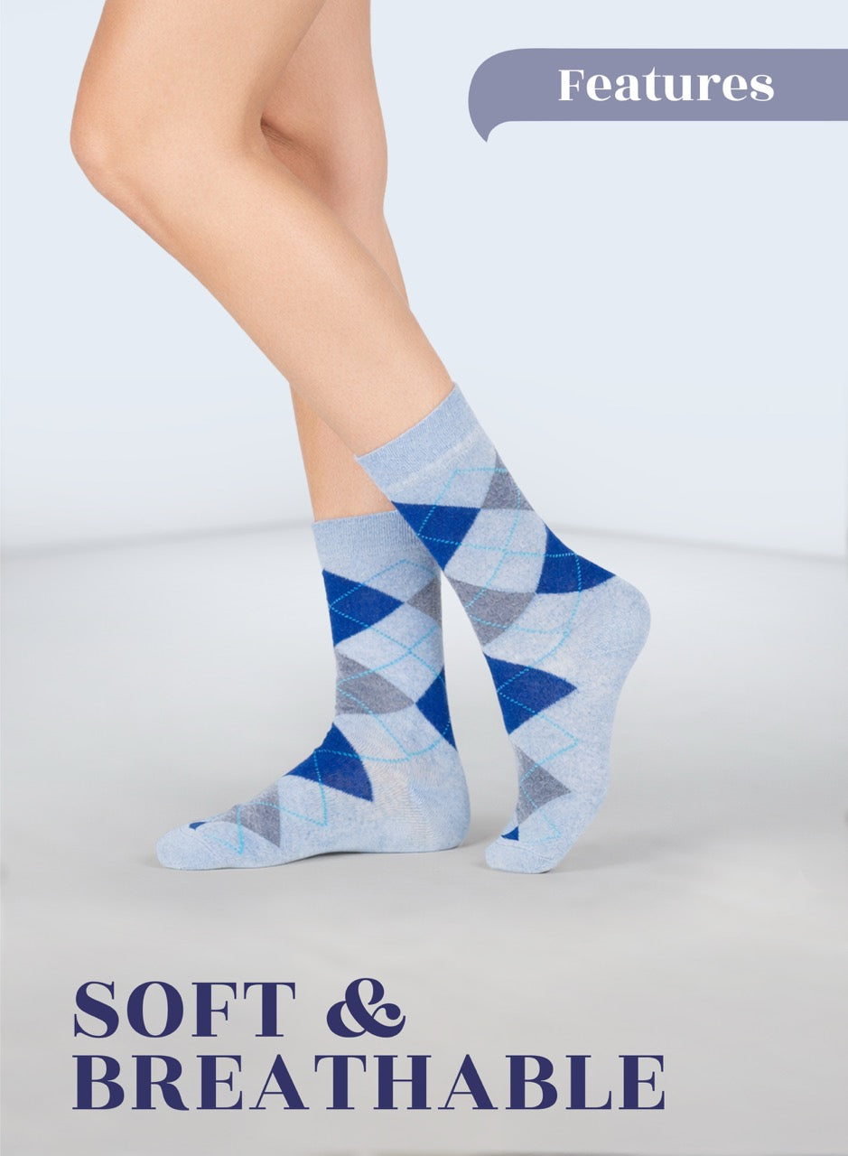 Blue and gray argyle patterned socks worn by a person on a light gray background with 'Features' and 'Soft & Breathable' text.