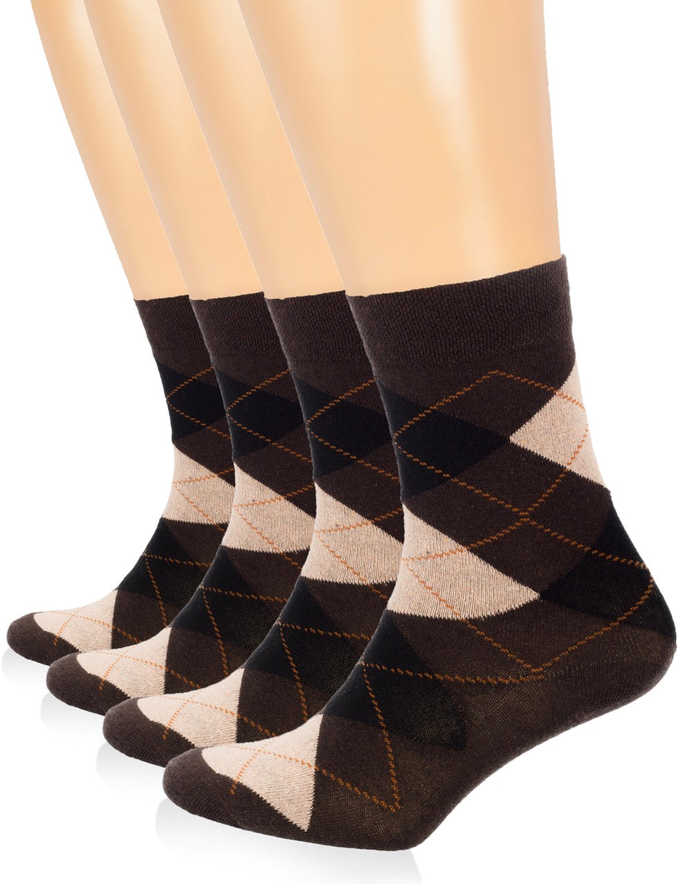 Set of brown and beige argyle pattern socks on a white background