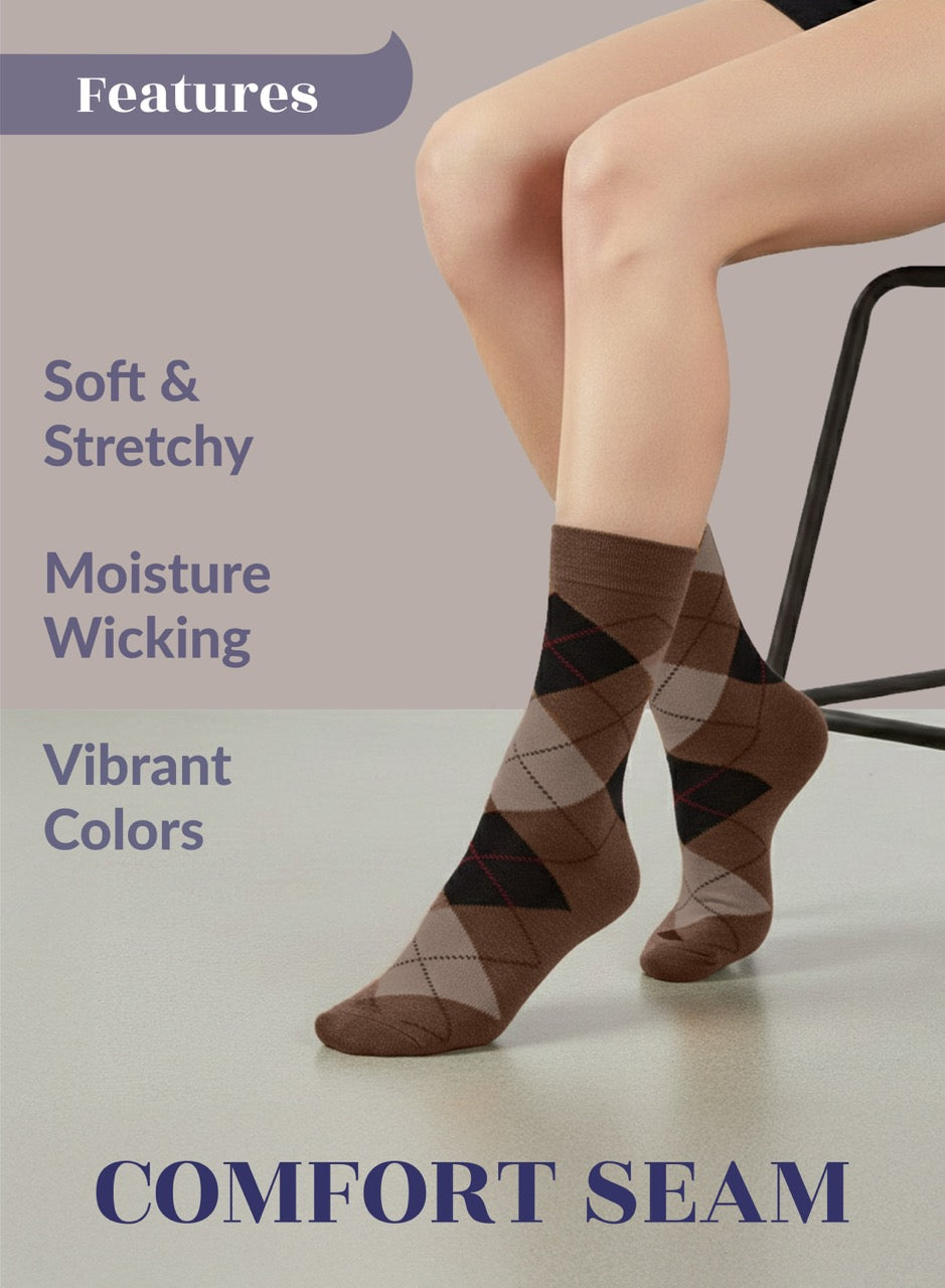 Person wearing brown argyle socks with text highlighting features on a gray background