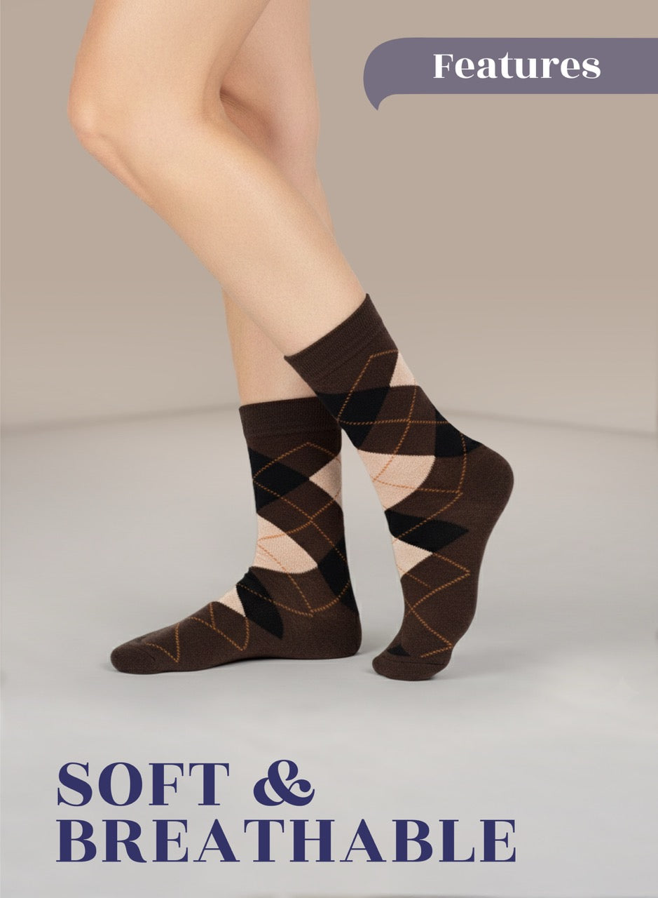 Brown argyle patterned socks worn by a person on a neutral background with 'Features' and 'Soft & Breathable' text.