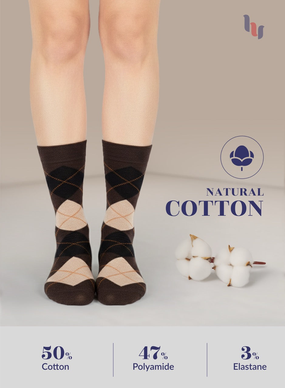 Brown patterned brown socks with natural cotton label and on a neutral background