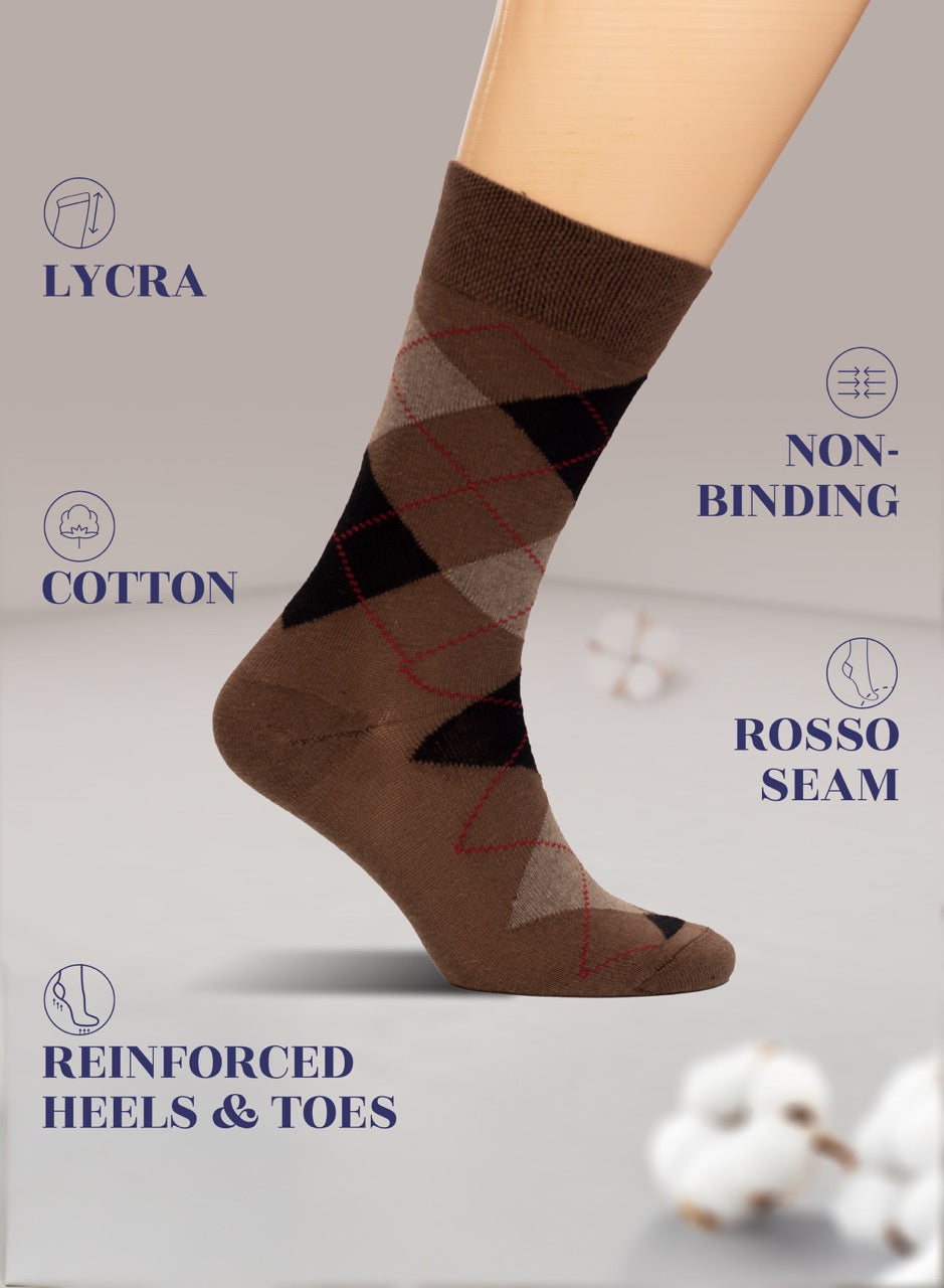 Brown argyle socks with text highlighting features on a neutral background