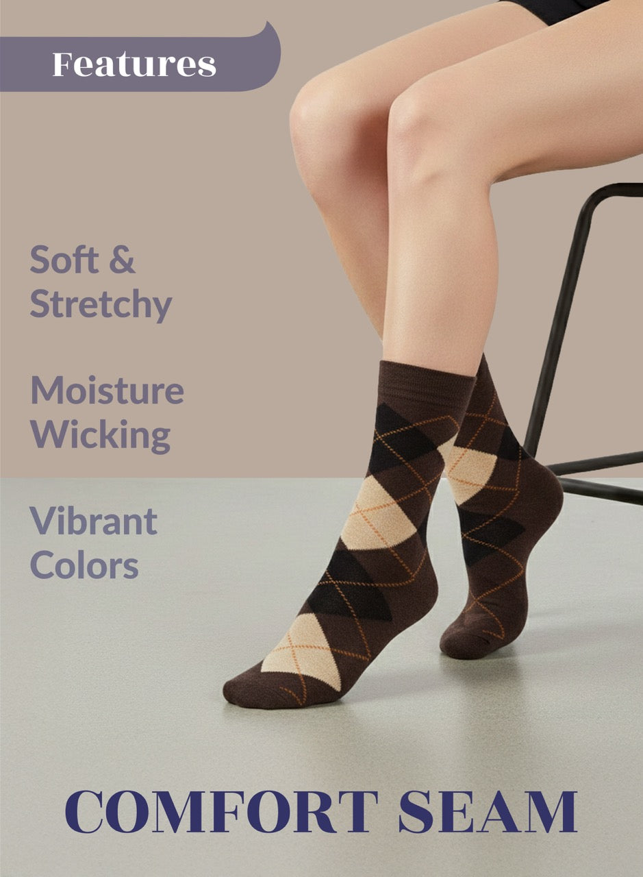 Person wearing brown argyle socks with text highlighting features on a neutral background