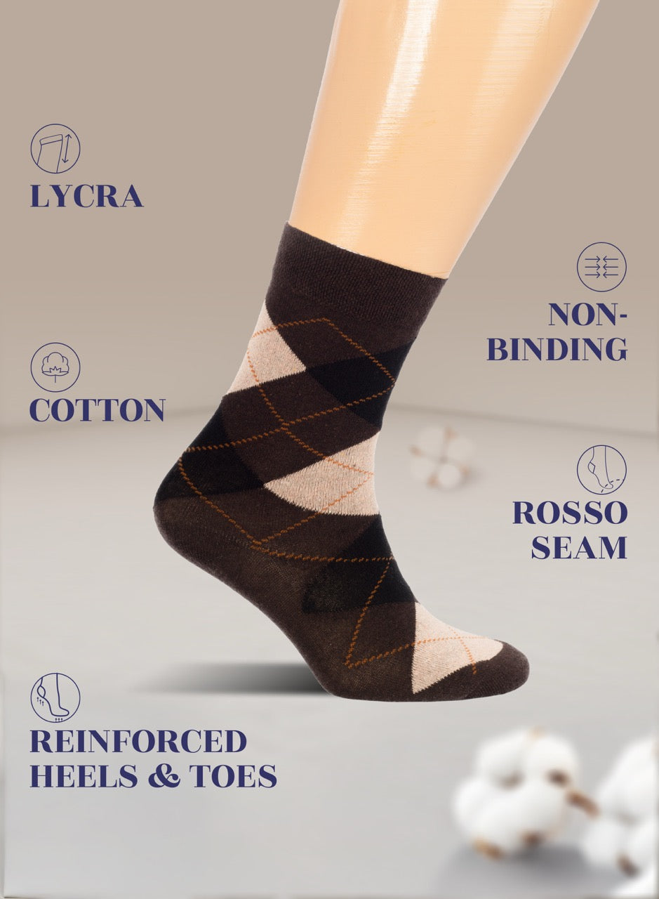 Brown argyle patterned sock on a neutral background with text highlighting features.